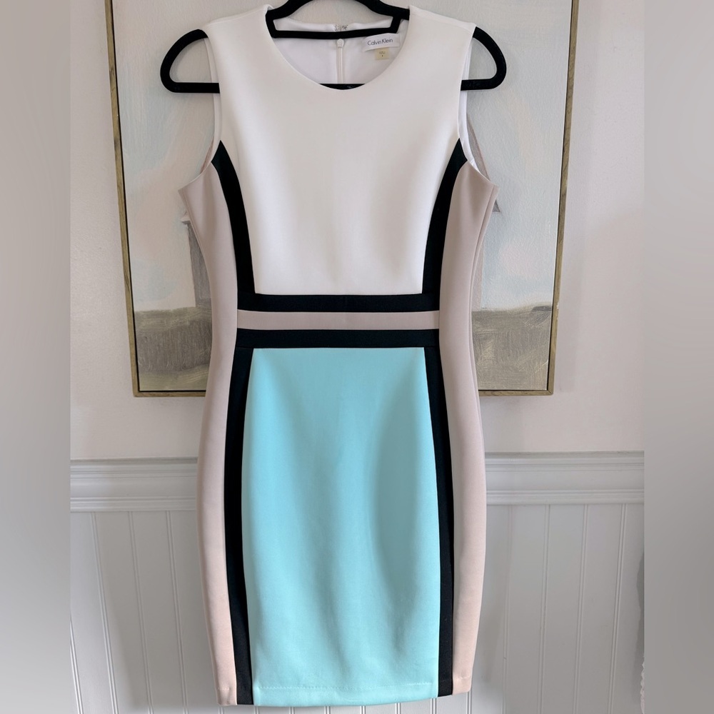 CALVIN KLEIN Scuba Colorblock Sleeveless Sheath Dress Tan Baby Blue Black Size 8 - Picture 1 of 11